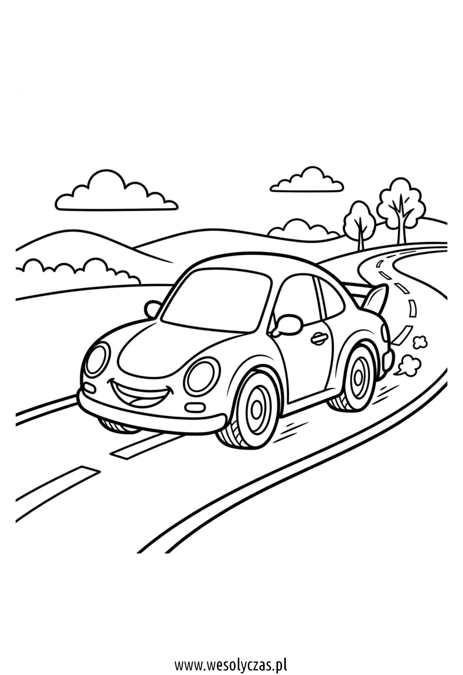 Auto jedzie drogą z drzewami