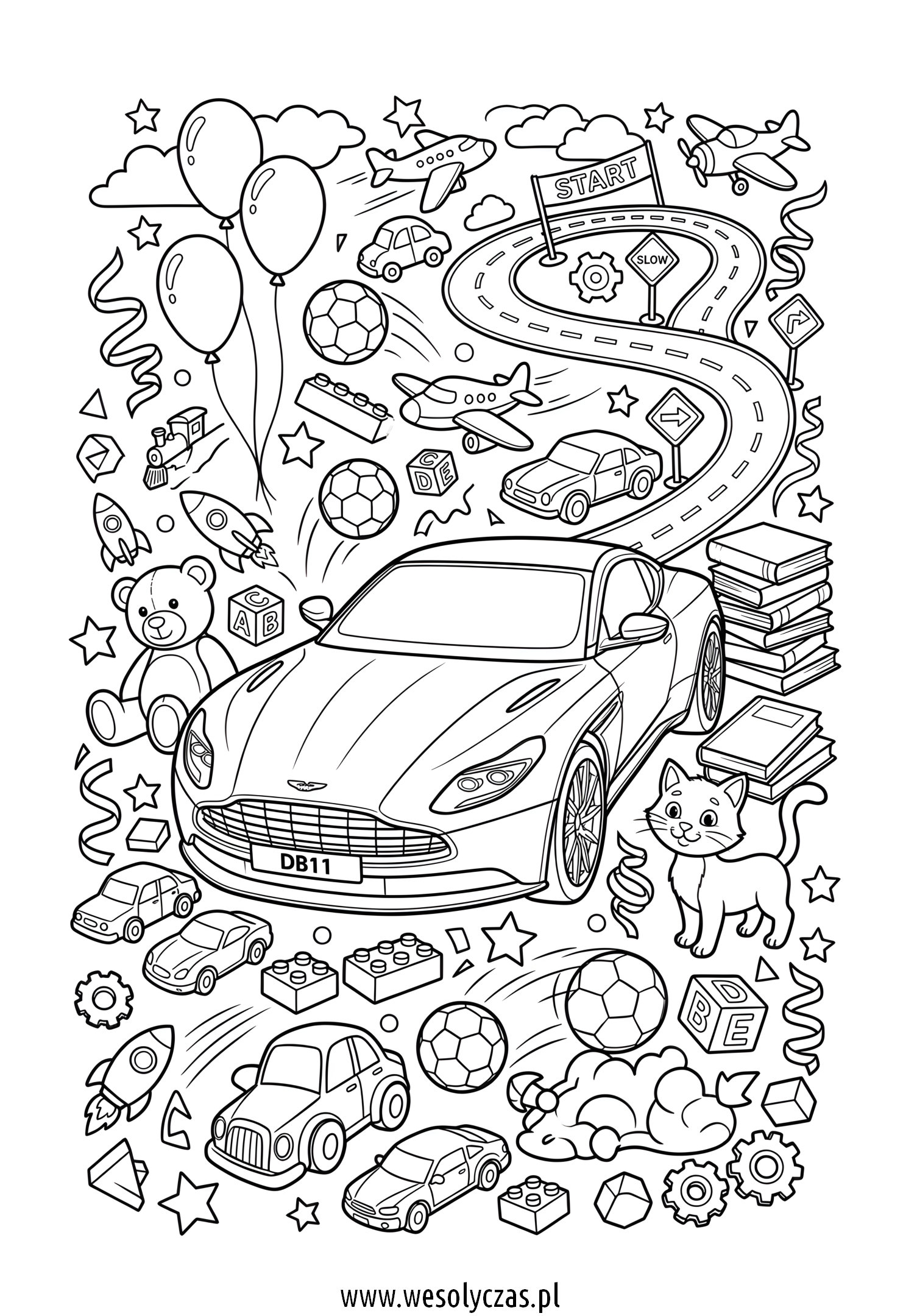 Auto jedzie pomiędzy zabawkami
