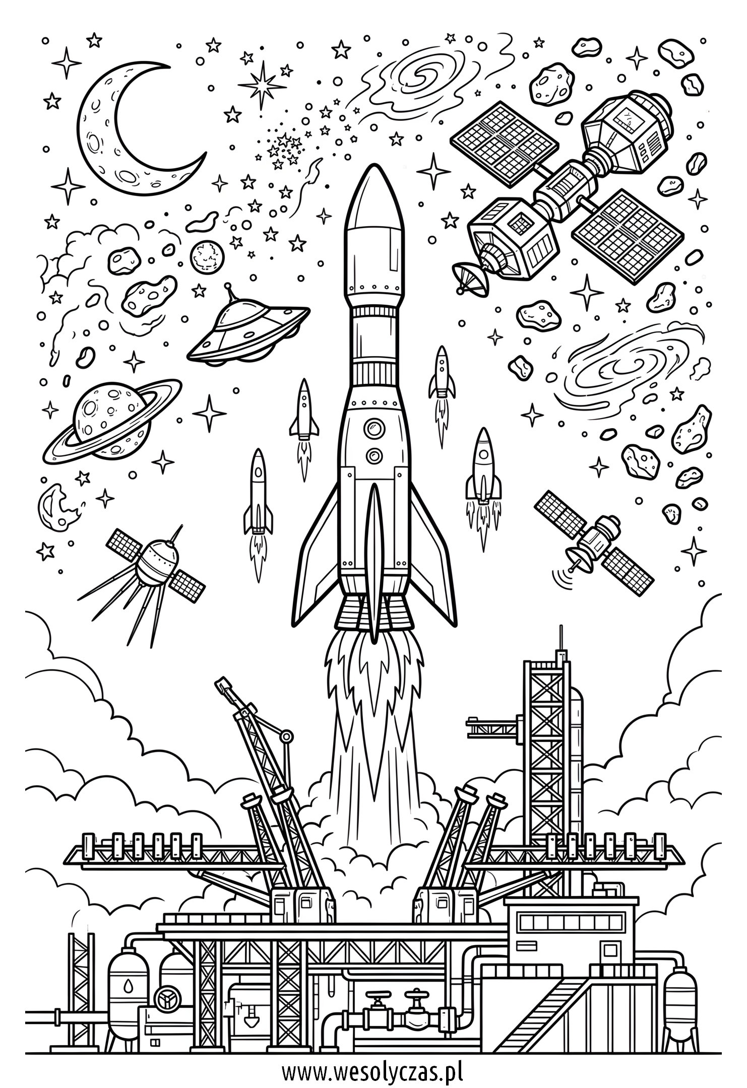 Rakieta startująca z kosmodromu wśród planet, satelitów, gwiazd i asteroid