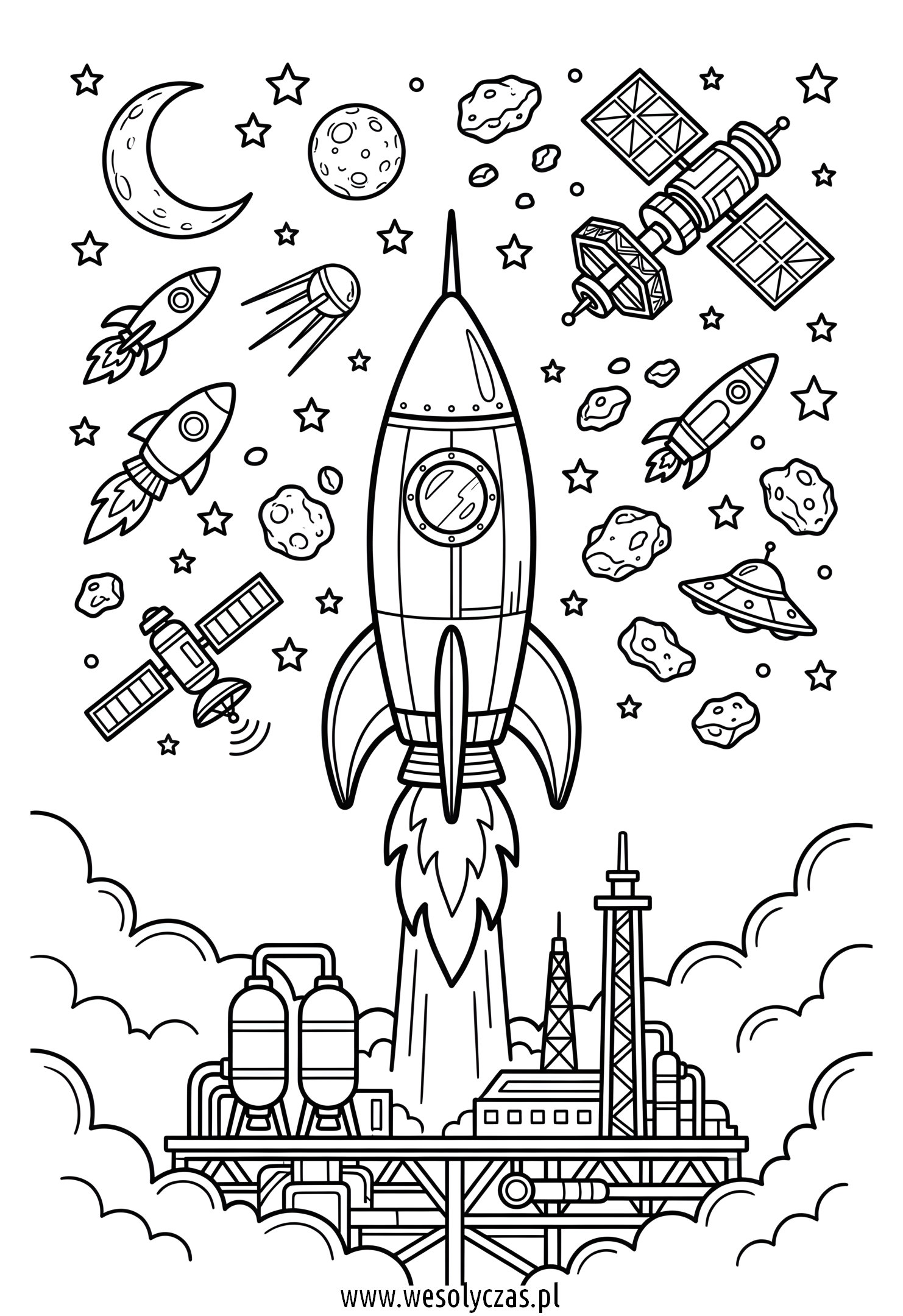 Rakieta startująca z bazy kosmicznej wśród satelitów, asteroid i małych statków