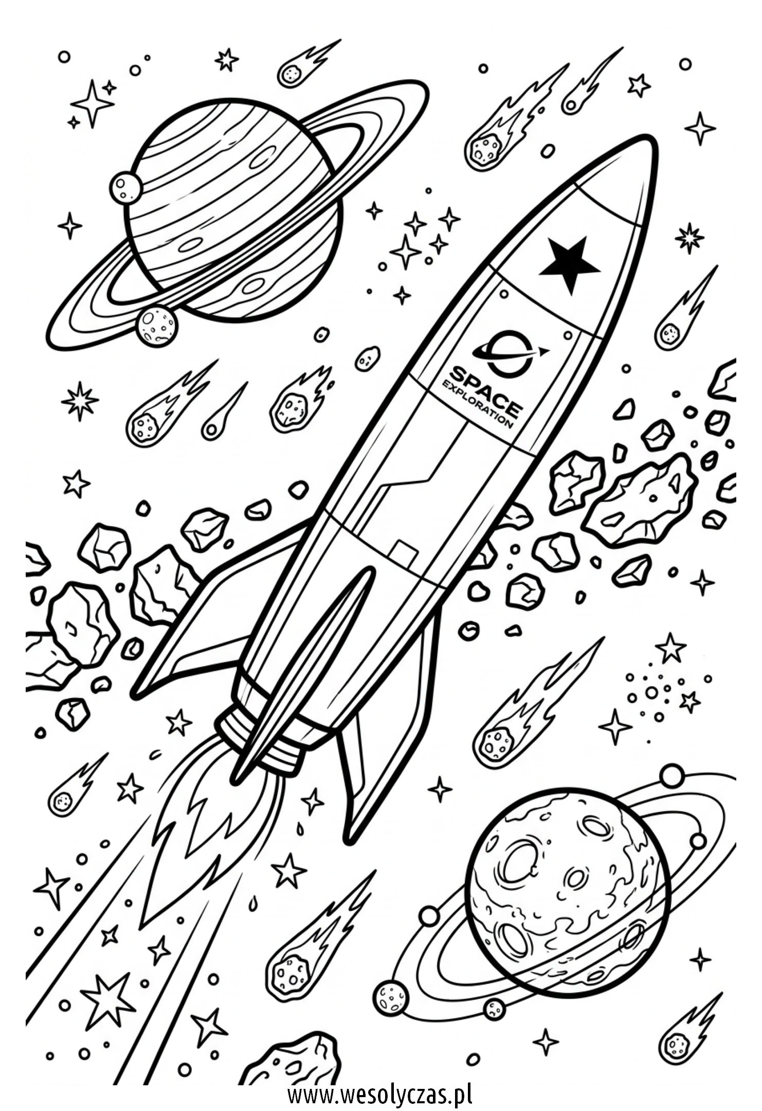 Prom kosmiczny lecący przez pas asteroid obok dużych planet