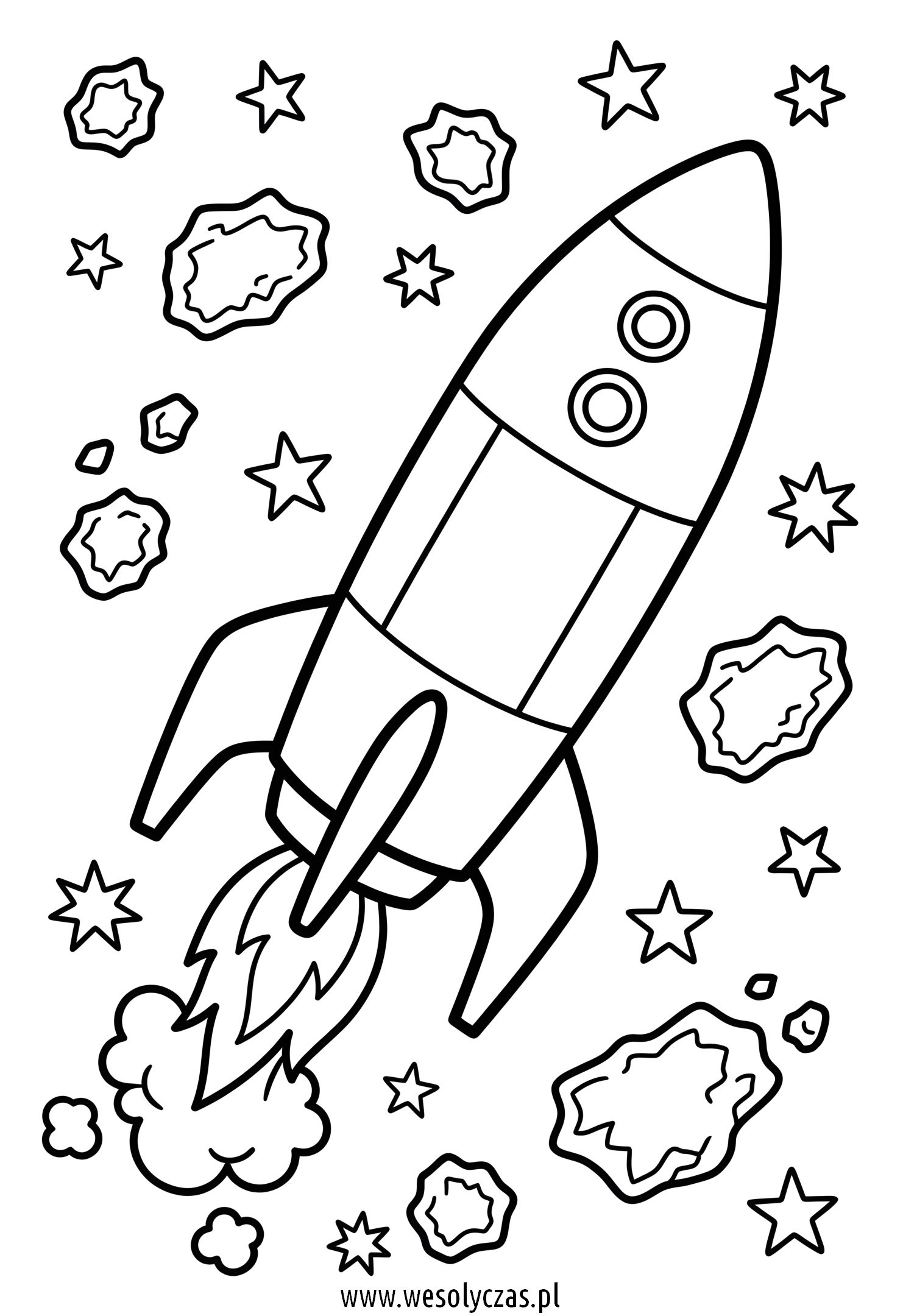 Rakieta lecąca pośród gwiazd i skalistych asteroid