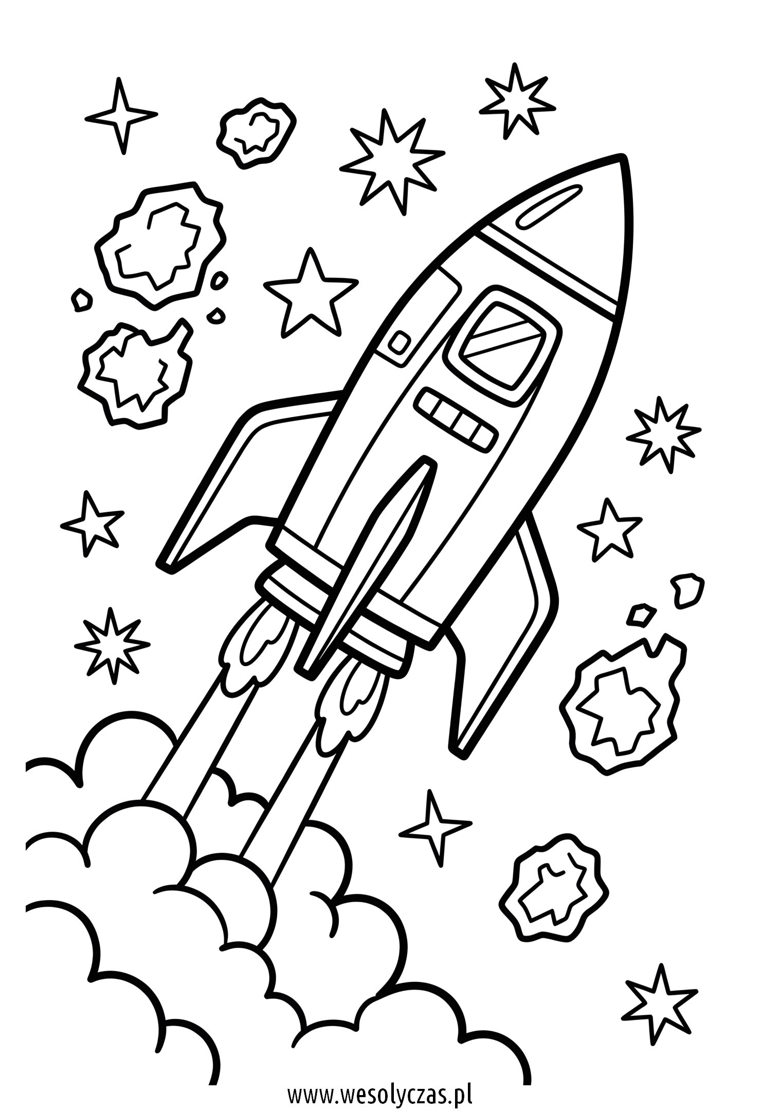 Prom kosmiczny startujący przez chmury w stronę gwiazd i asteroid