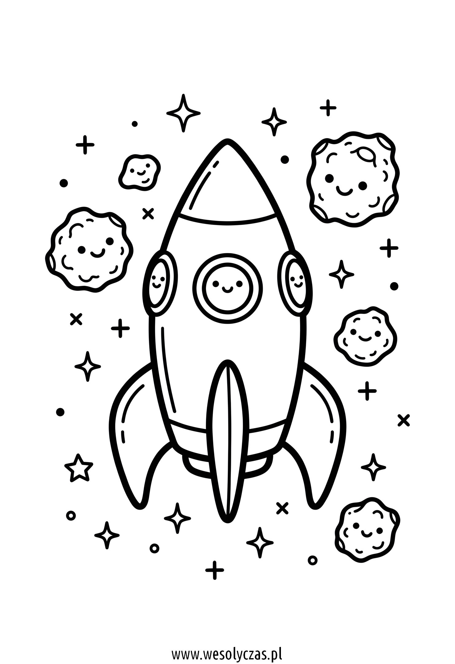 Wesoła rakieta otoczona uśmiechniętymi asteroidami i migoczącymi gwiazdami