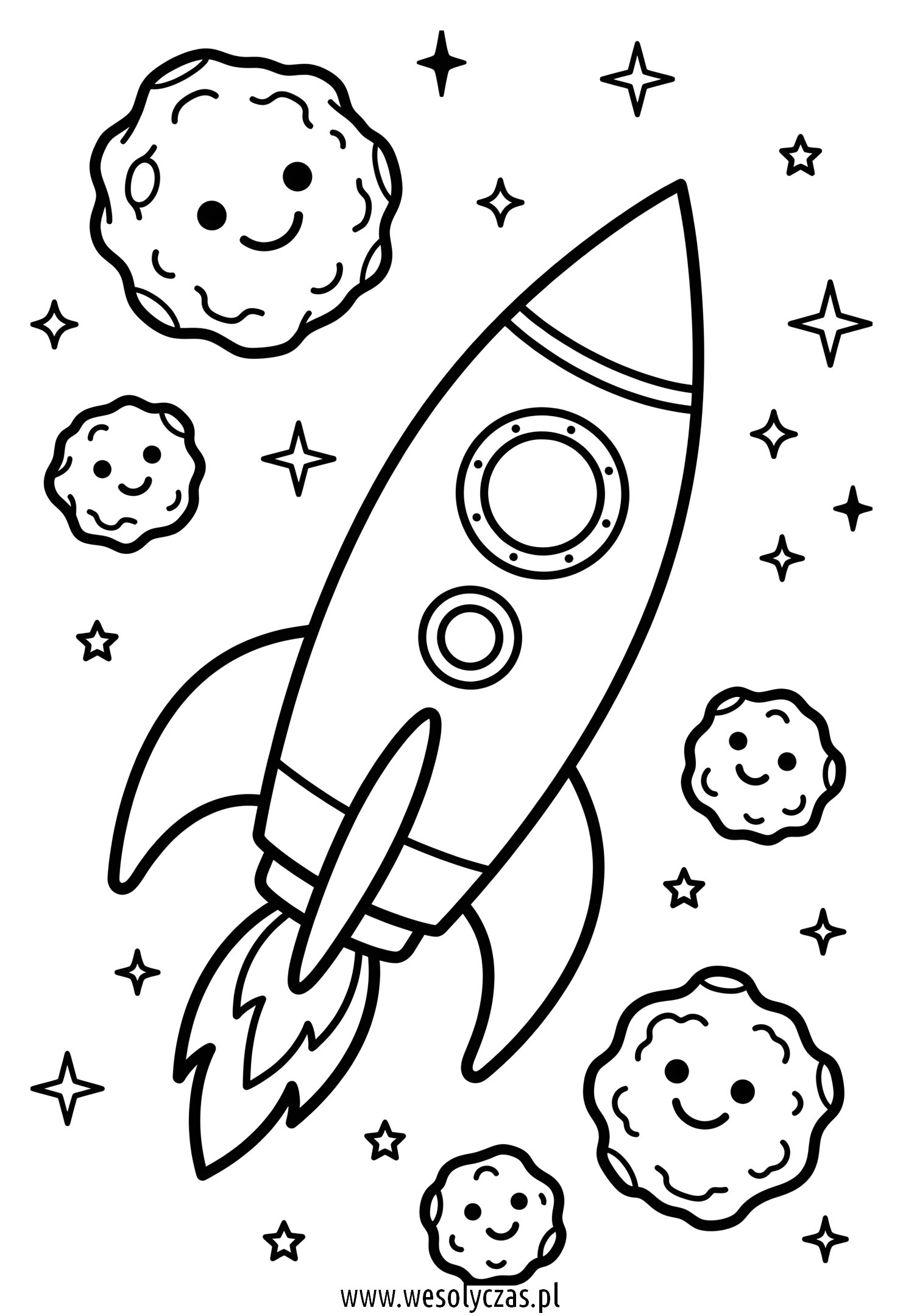 Rakieta lecąca przez kosmos razem z wesołymi asteroidami