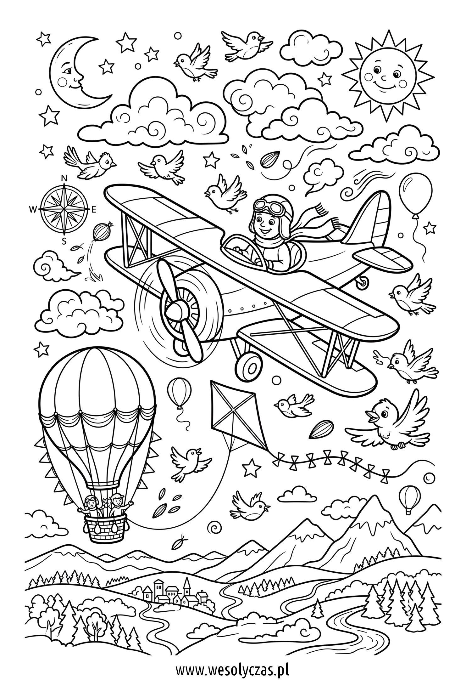 Pilot leci dwupłatowcem nad górami obok balonu, ptaków i latawca.