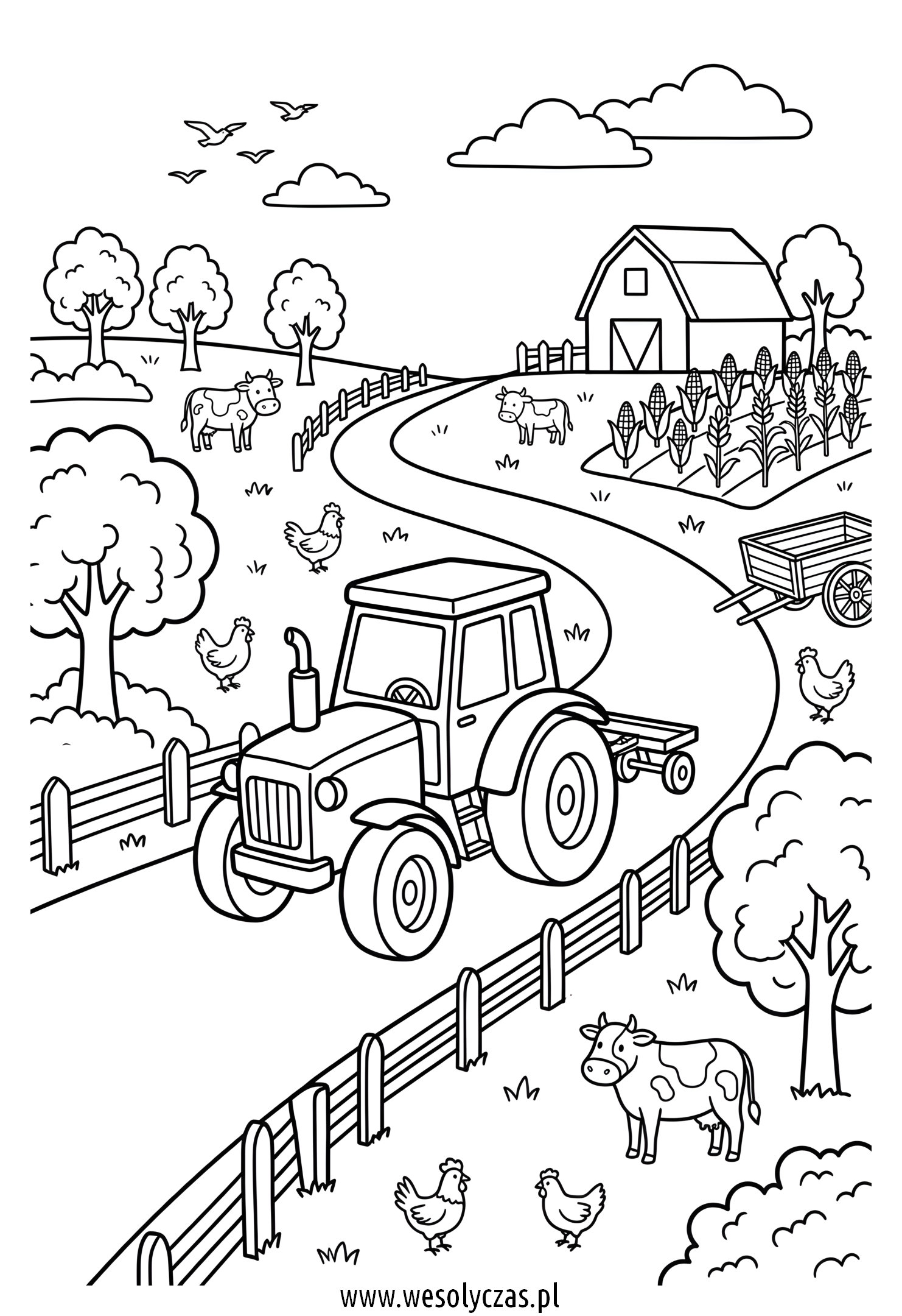 Traktor jedzie przez farmę otoczoną krowami i kurami