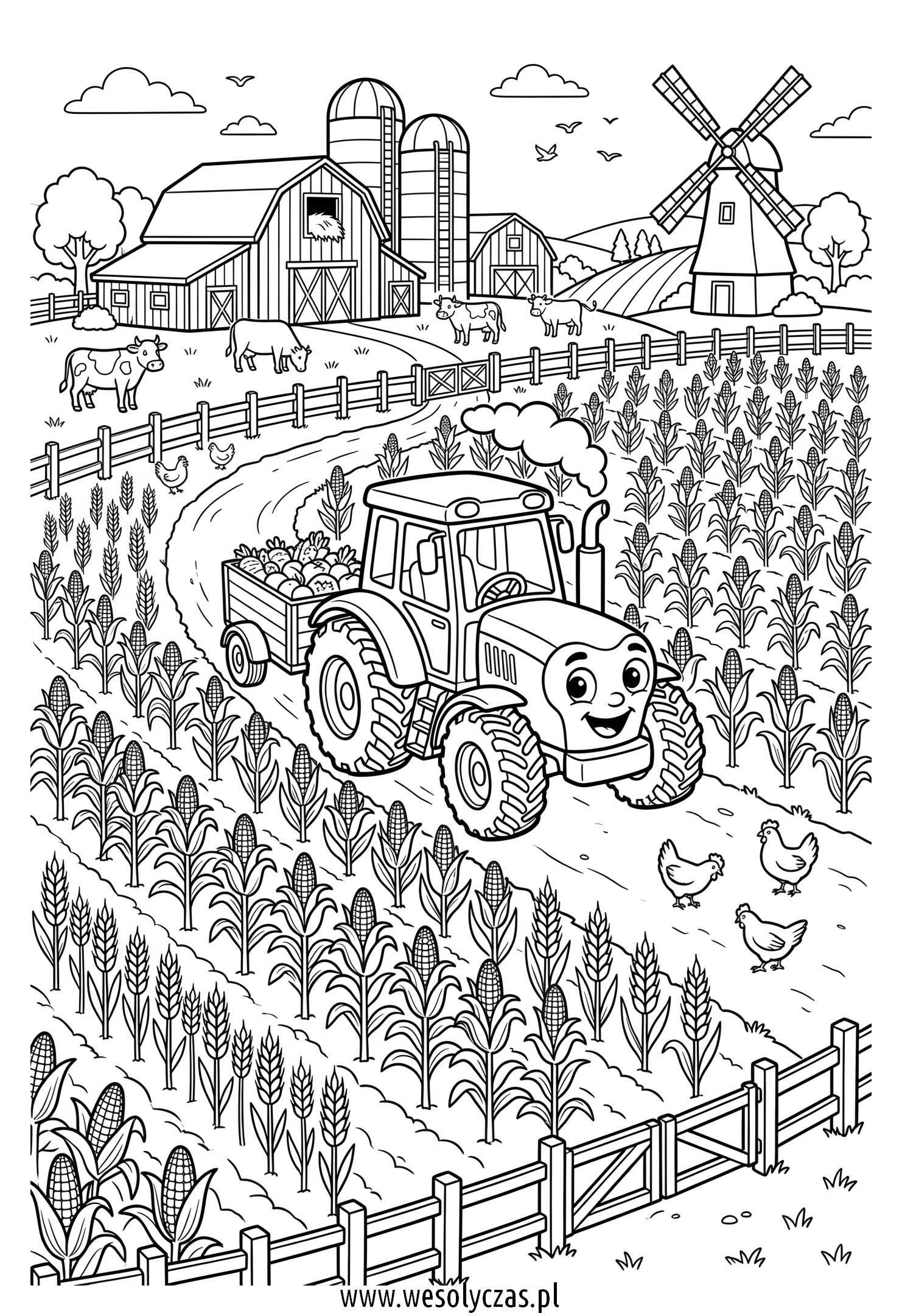 Traktor z przyczepą pełną plonów