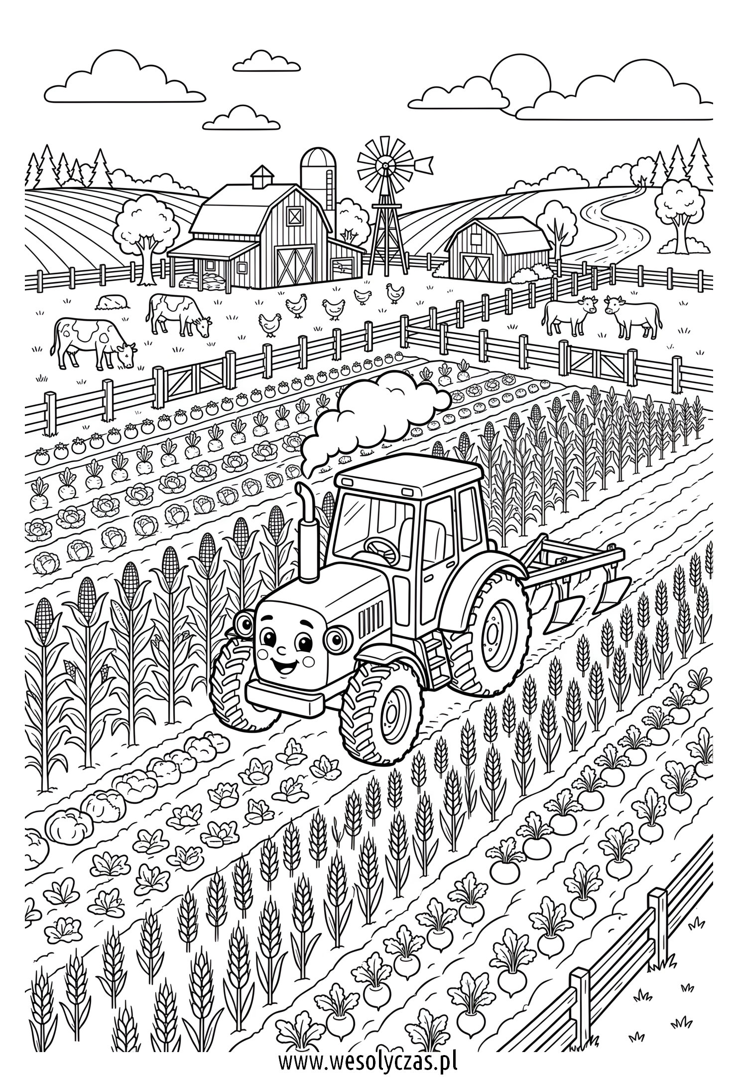 Wesoły traktor pracuje na dużym polu uprawnym