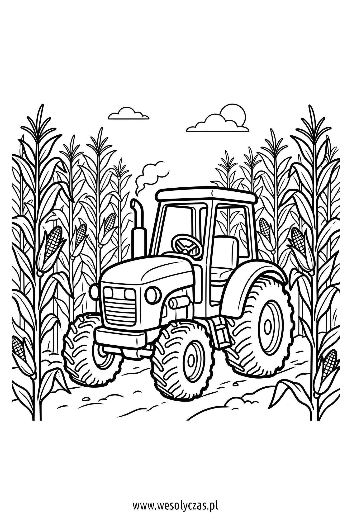 Traktor jedzie wąską drogą między wysoką kukurydzą