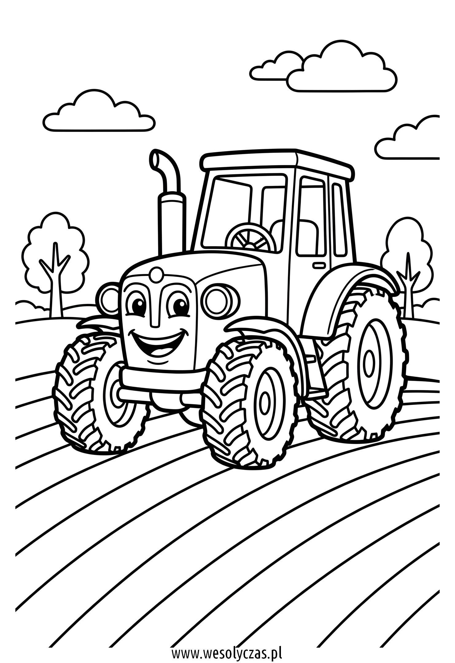 Uśmiechnięty traktor jedzie po zaoranym polu