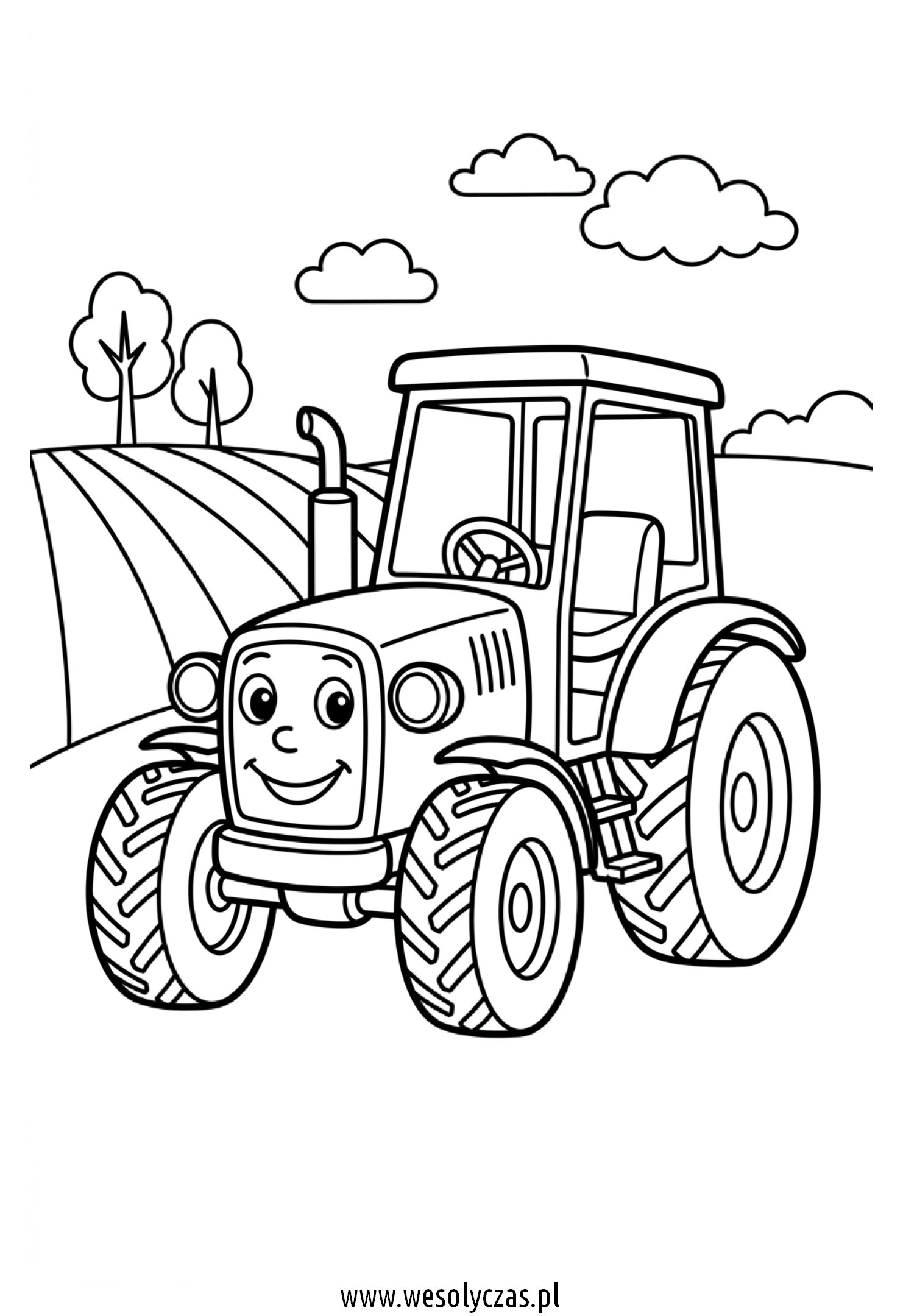 Wesoły traktor stoi na polu wśród drzew
