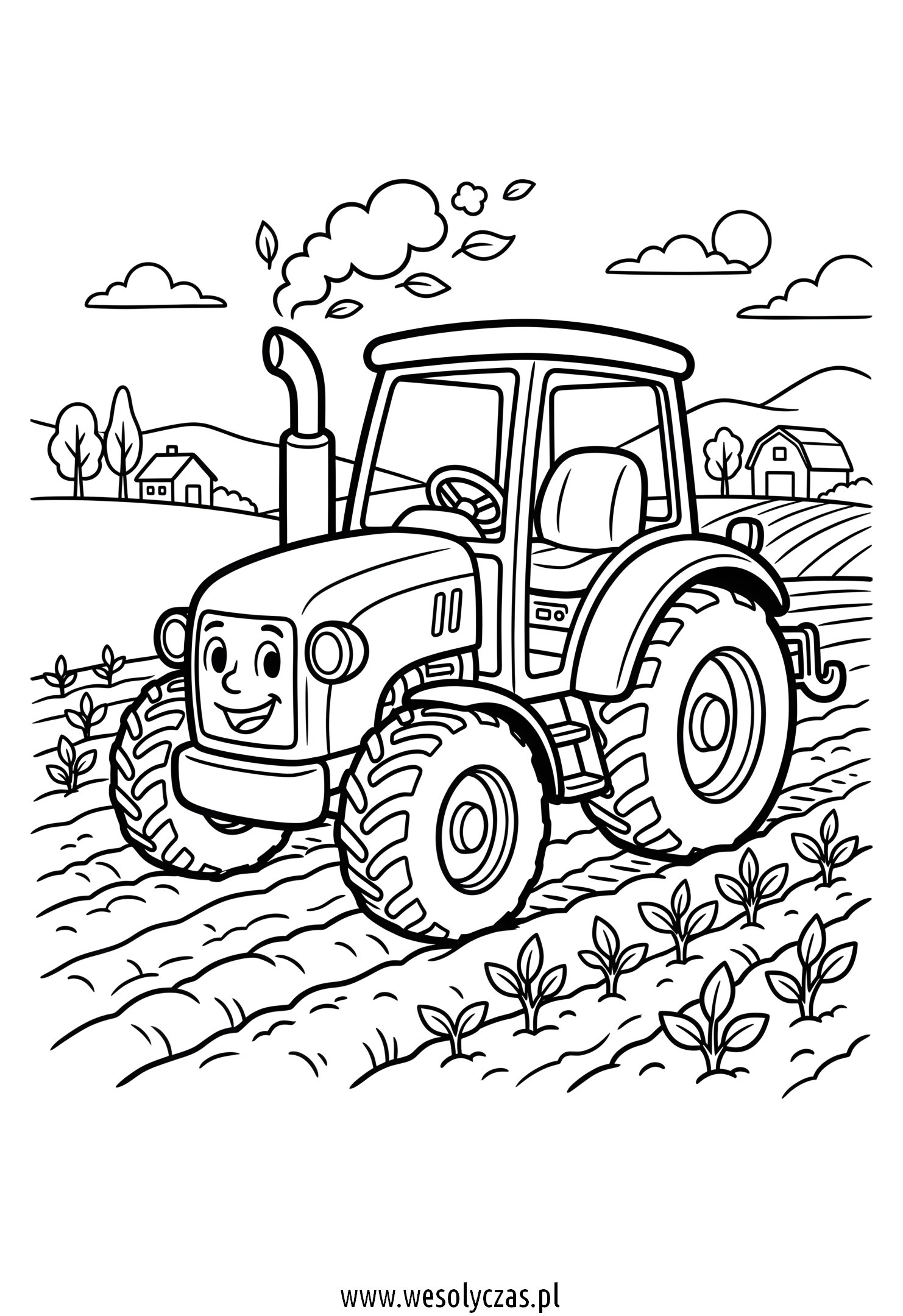 Uśmiechnięty traktor pracuje na polu