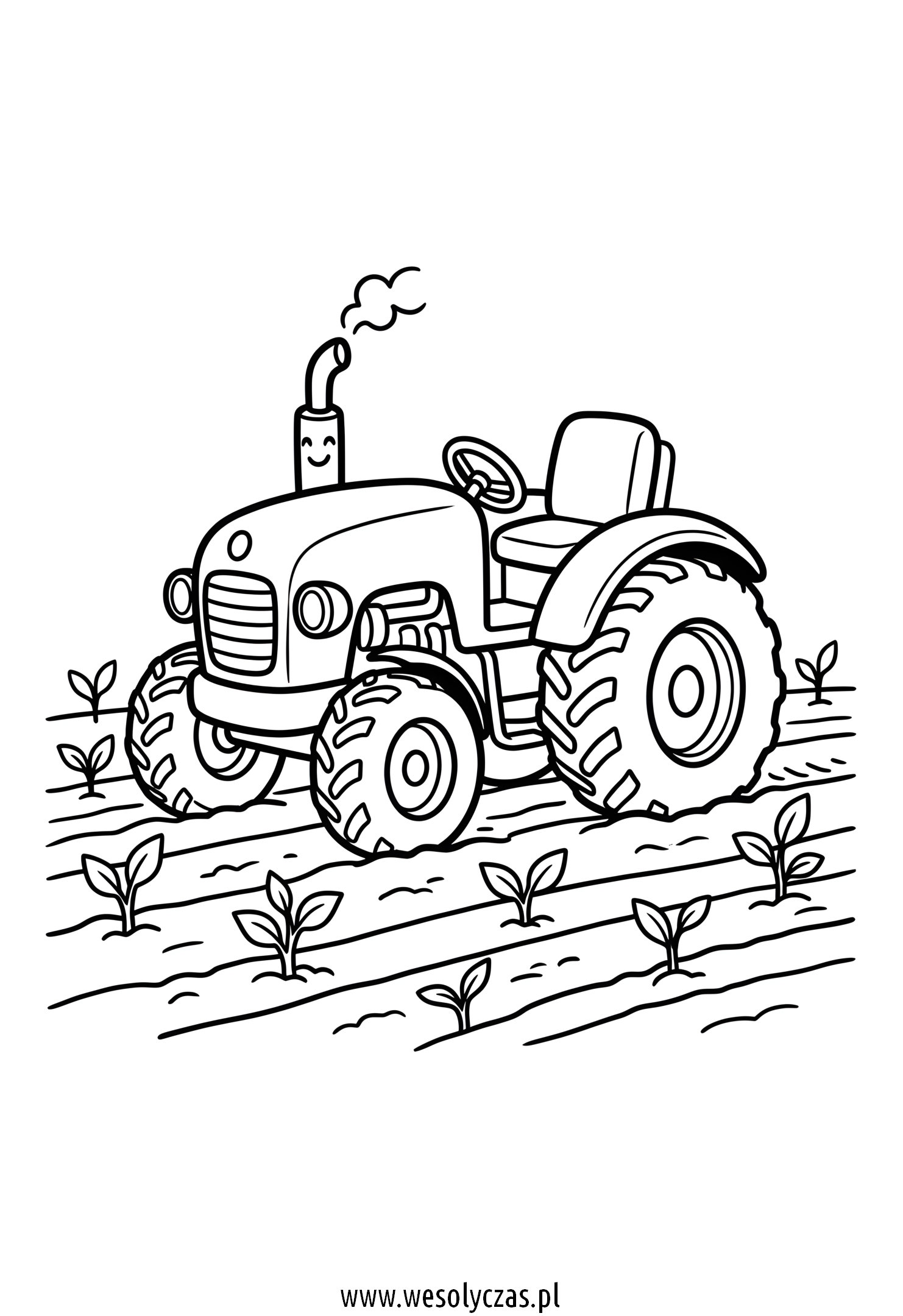 Traktor stoi na polu między rzędami małych roślin